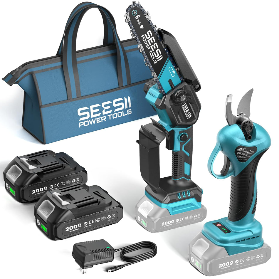 Seesii Mini Chainsaw, 6-inch Mini Chainsaw Cordless, Handheld Electric Power Chain Saw with 2 Batteries, for Tree Trimming Wood Cutting, Best Gifts for Father, Dad, Husband, Men