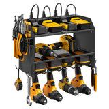 CCCEI Modular Power Tool Organizer Wall Mount with Charging Station. Garage 4 Drill Storage Shelf with Hooks, Screwdriver, Drill Bit Heavy Duty Rack, Tool Battery Holder Built in 8 Outlet Power Strip.