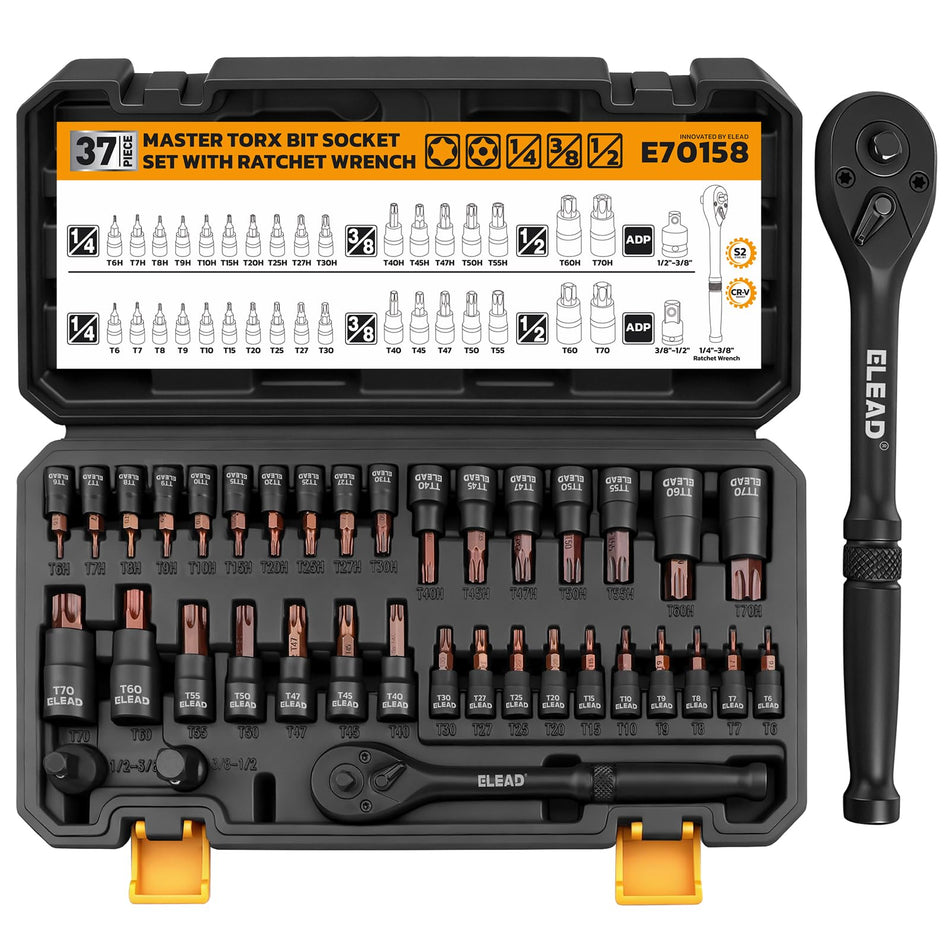 ELEAD 148-Piece Mechanics Tool Set, SAE/Metric 1/4" & 3/8" Drive Socket Set, Magnetic Nut Drivers, Ratcheting Wrenches, Extensions & Adapters, Quick-Release Ratchet, Mechanics Tool for Car Repair