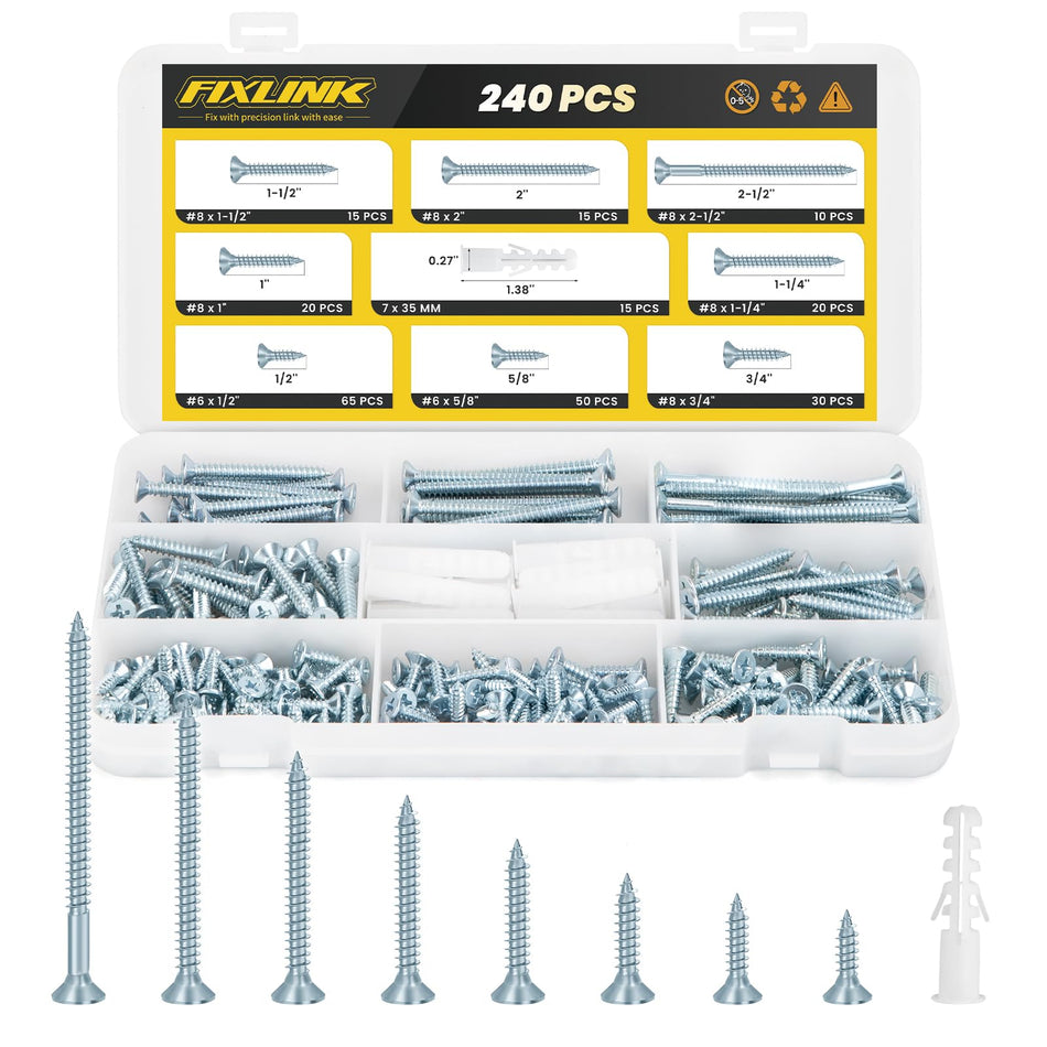 240PCS Wood Screws Assortment Kit, FIXLINK E-Coated Flat Head Screws Set
