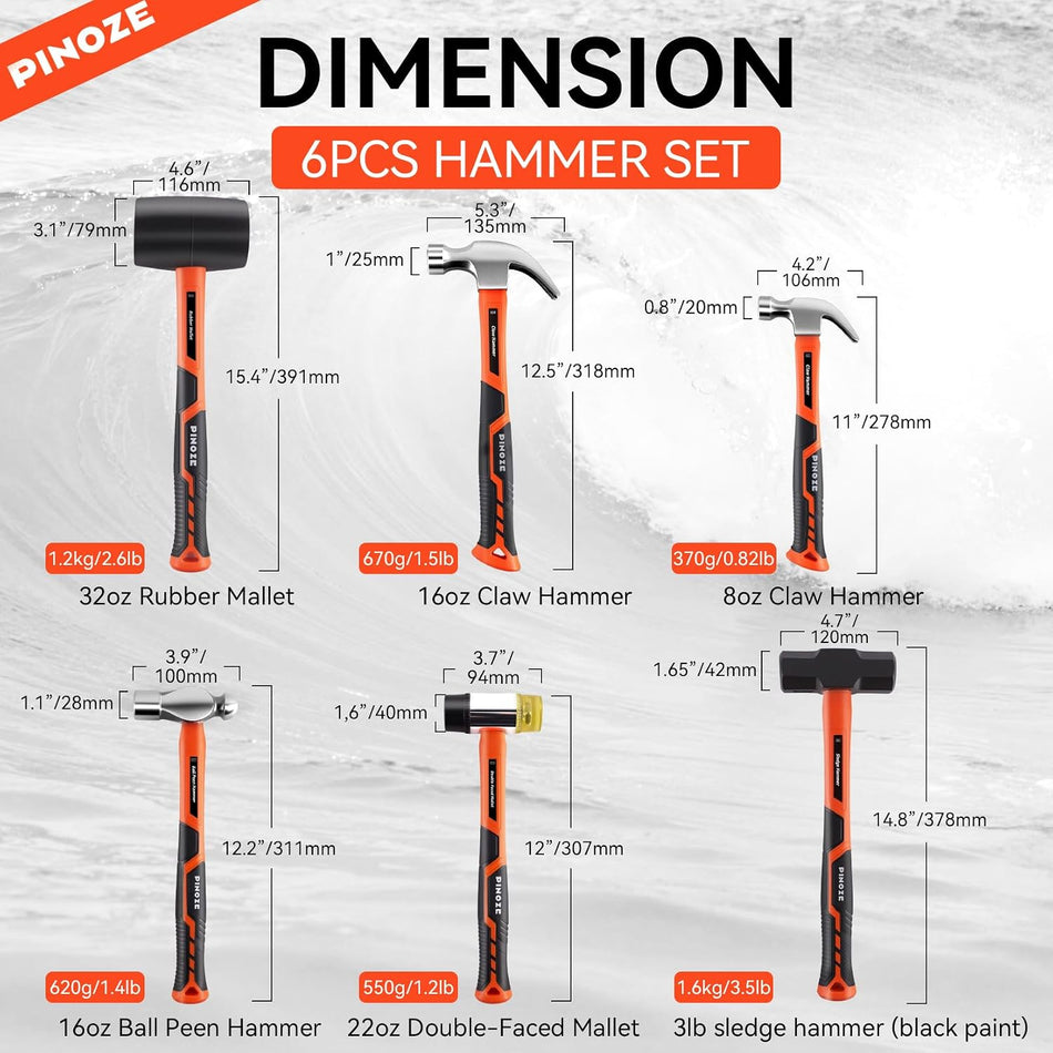 PINOZE 6-Piece Hammer Mallet Set with Fiberglass Handle Forge Steel Head, 16oz Ball Pein Hammers | 32oz Rubber Mallet | 3lb Sledge | 16oz & 8oz Claw Hammer | 22oz Double-Faced Mallet