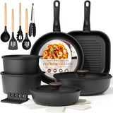 Astercook 21 Pcs Pots and Pans Set Non Stick, Ceramic Cookware Set Detachable Handle, RV Kitchen Cooking Set Removable Handles, Oven Safe, Induction Ready, Stackable, Black, Fathers Day Gift for Men