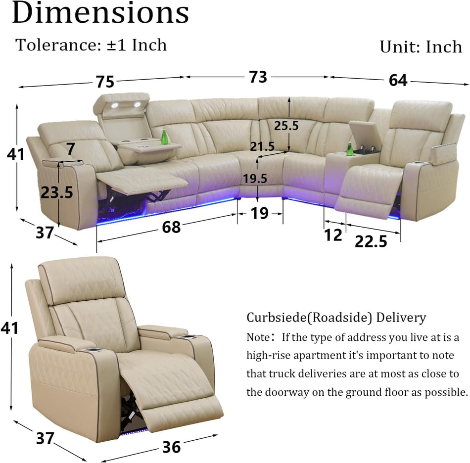 Power Recliner Sofa Sectional Sofa with LED Light for Living Room, Air Leather Reclining Corner Sectional Sofa Set, Cup Holder, Storage Console for Home Theater Seating (Black, Sectional+Chair)