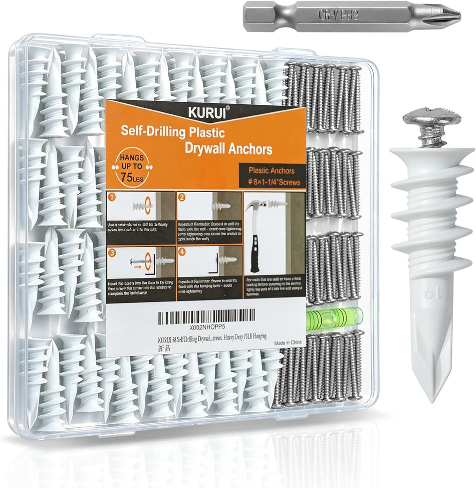 KURUI 140Pcs #8 Self Drilling Drywall Anchors and Screws Kit, No Drill Hole