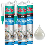 Akfix 100E RTV Clear Silicone Caulk (48x10.1 fl.oz.) - 100% Waterproof Silicone Sealant for Kitchen and Bathroom, Shower, Toilet, Sink, Window and Door, No Yellowing | Clear, 48 Pack