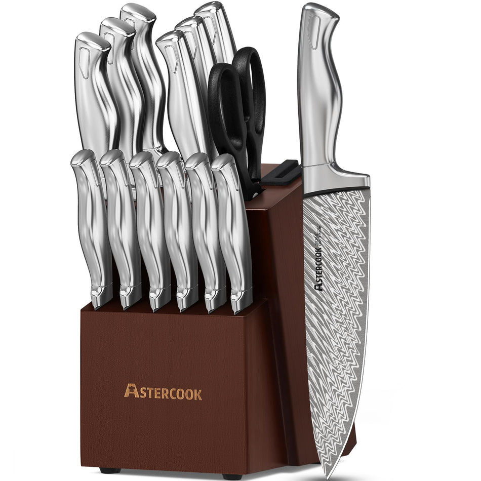Knife Set, Astercook 21 Pieces Kitchen Knife Set with Built-in Sharpener, German Stainless Steel Knife Block Set, Razor-Sharp Knives with Full-tang Handle, Dishwasher Safe Kitchen Utensils Set