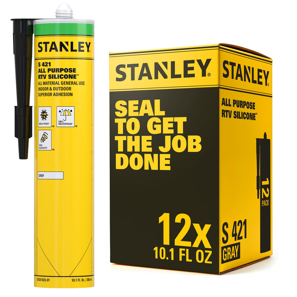 Stanley S421 RTV Silicone Caulk - 12x10.1 fl. oz. Clear,%100 Silicone Sealant, Waterproof and Flexible Sealer for Kitchen & Bathroom, 12 Pack