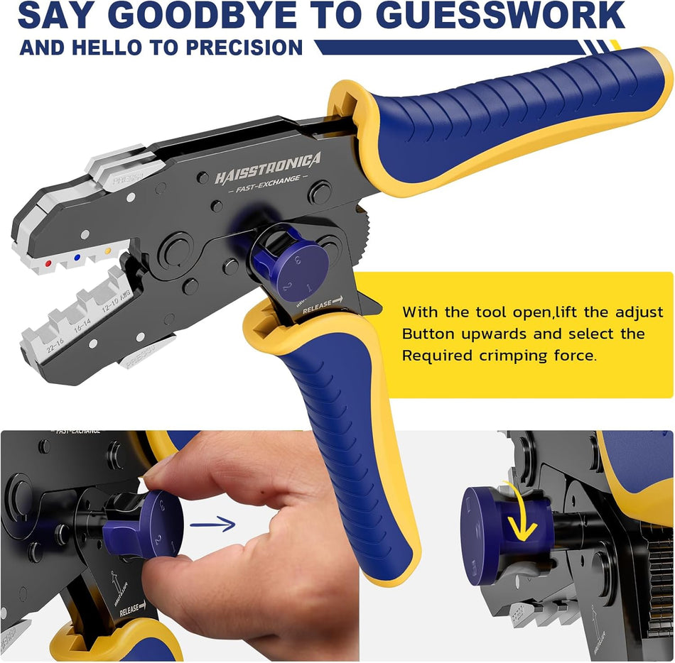 Haisstronica 8PCS Rapid Replace Ratchet Crimping Tool Set with Pressure Regulating, Automatic Wire Stripper Heat Shrink, Non-Insulated, Open Barrel, Solar, Ferrule Connectors