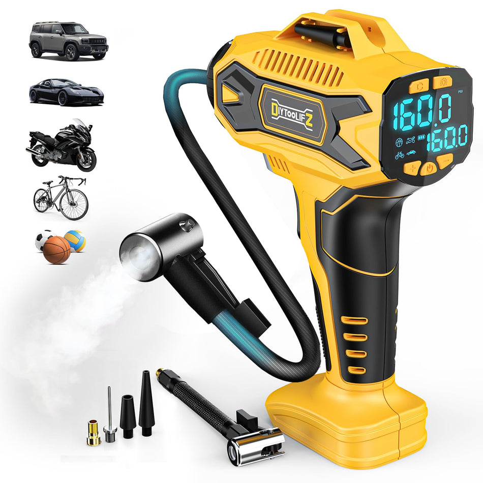 Cordless Tire Inflator Air Compressor for Dewalt 20V Max Battery, 160PSI Portable Handheld Air Pump with Digital Pressure Gauge, Fast Inflation for Cars, Motorcycles, Bikes & Sports Balls (No Battery)