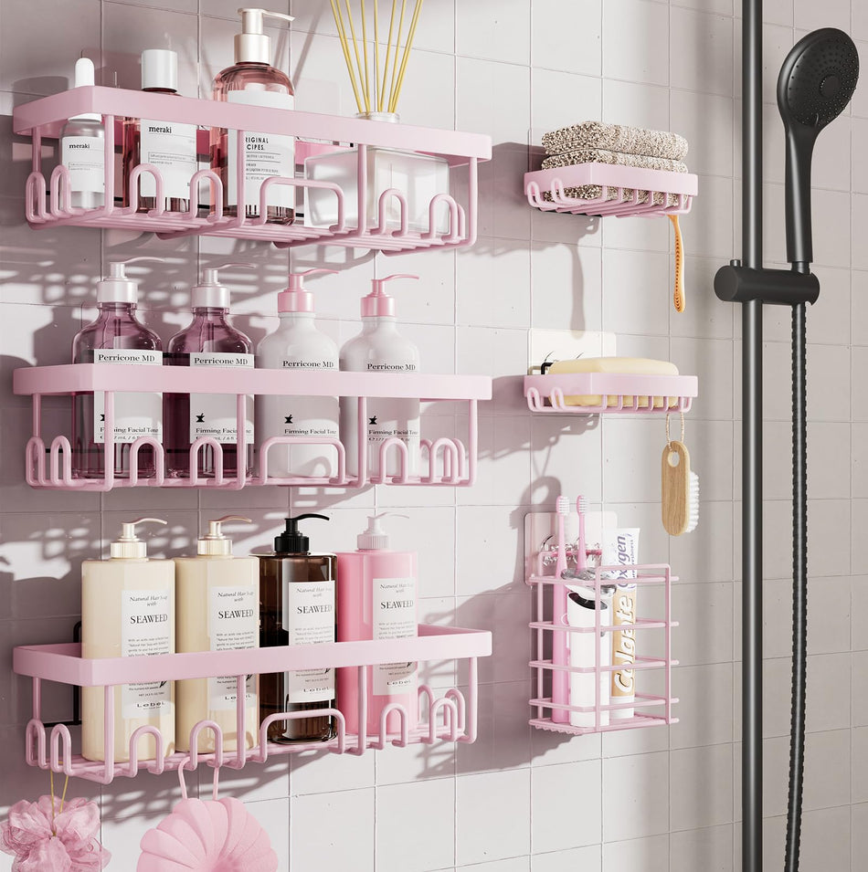 Veken Rustproof & Waterproof Shower Caddy 6-Pack, No Drilling Adhesive Shelves Rack with Soap Holder, Large Capacity Bathroom Organizers and Storage, Wall-Mounted Kitchen & Home Decor