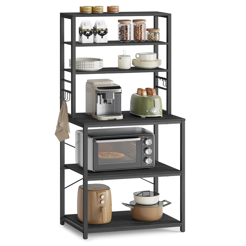 VASAGLE Coffee Bar, 31.5 Inches Baker's Rack for Kitchen with Storage, 6-Tier Kitchen Shelves with 6 Hooks, Microwave Stand, Industrial, Rustic Brown and Black UKKS019B01