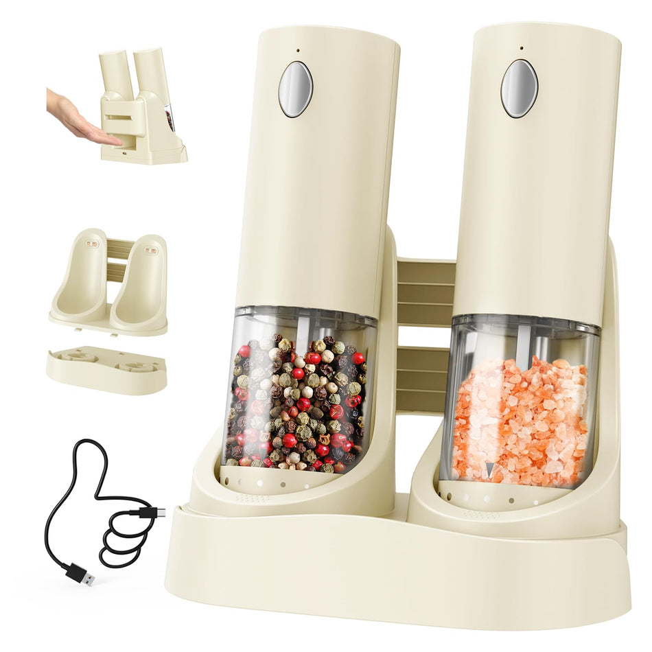 CIRCLE JOY Electric Salt and Pepper Grinder Set with Charging Base, Rechargeable Automatic Pepper Mill, Adjustable Coarseness, LED Light, 140ml Large Capacity