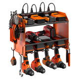 CCCEI Modular Power Tool Organizer Wall Mount with Charging Station. Garage 4 Drill Storage Shelf with Hooks, Screwdriver, Drill Bit Heavy Duty Rack, Tool Battery Holder Built in 8 Outlet Power Strip.