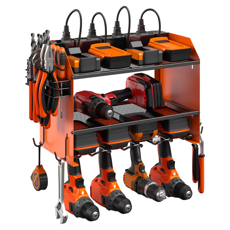 CCCEI Modular Power Tool Organizer Wall Mount with Charging Station. Garage 4 Drill Storage Shelf with Hooks, Screwdriver, Drill Bit Heavy Duty Rack, Tool Battery Holder Built in 8 Outlet Power Strip.