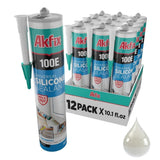 Akfix 100E RTV Clear Silicone Caulk (48x10.1 fl.oz.) - 100% Waterproof Silicone Sealant for Kitchen and Bathroom, Shower, Toilet, Sink, Window and Door, No Yellowing | Clear, 48 Pack