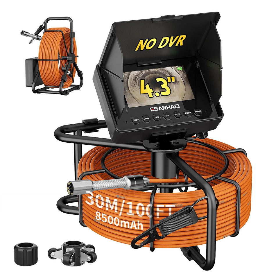 Sewer Camera 100FT/30M Pipe Inspection Borescope Endoscope Camera with Light 12 LEDs 4.3" IPS Screen 22MM Plumbing Snake 8500Mah Battery (30M NO DVR Function)