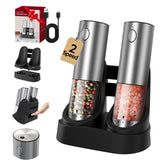 CIRCLE JOY Electric Salt and Pepper Grinder Set with Charging Base, Rechargeable Automatic Pepper Mill, Adjustable Coarseness, LED Light, 140ml Large Capacity