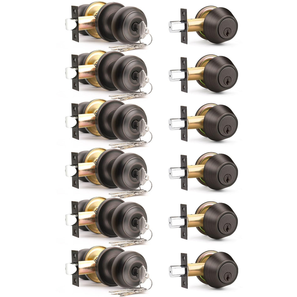 6 Pack Entry Door Locksets with Single Cylinder Deadbolt, Oil Rubbed Bronze Exterior Door Lock Set with Same Key, Front Roound Door Knob and Deadbolt Set