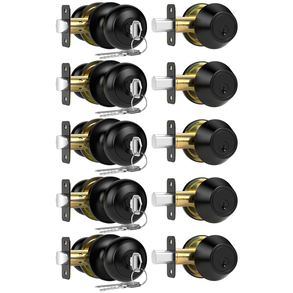 5 Pack Front Door Lock Set, Keyed Alike Exterior Door Lock Set with Deadbolt, Single Cylinder Deadbolt Lock and Entry Door Knob Set,Round Ball Brushed Nickel Door Knobs with Lock and Keys