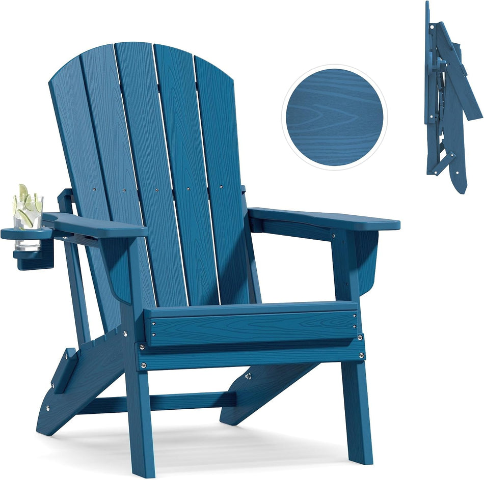 Plawdlik Folding Adirondack Chair with Cup Holder, HDPE All-Weather, Navy