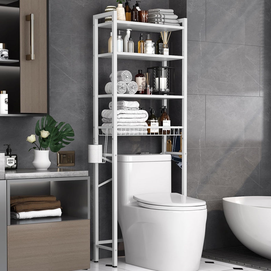 Over-The-Toilet Storage Rack, 4-Tier Bathroom Organizer Shelf Over Toilet with Adjustable Shelf and Basket, Freestanding Space Saver Bathroom Shelves Above Toilet for Room (Vintage Brown)