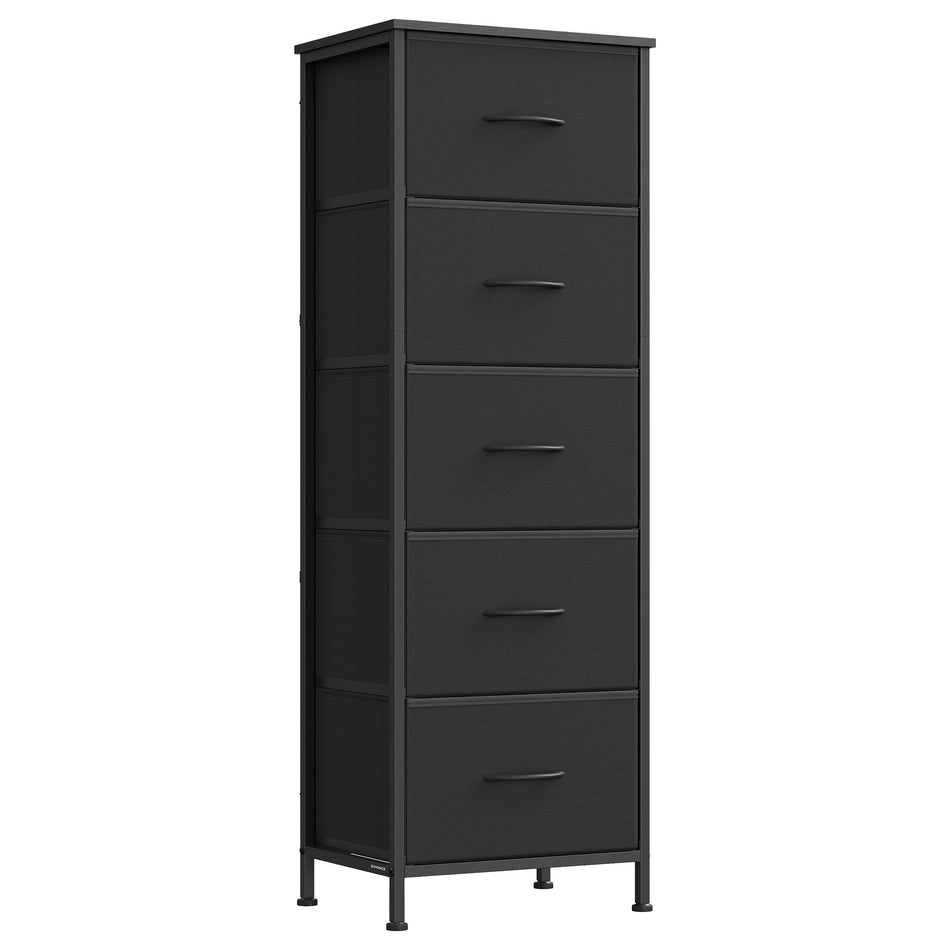 SONGMICS Dresser for Bedroom, Chest of Drawers, TV Stand, Steel, MDF, 5 Non-Woven Fabric Drawers, Storage Organizer Unit, Closet, Entryway, Ink Black and Ebony Black ULGS322B01S