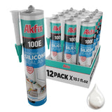 Akfix 100E RTV Clear Silicone Caulk (48x10.1 fl.oz.) - 100% Waterproof Silicone Sealant for Kitchen and Bathroom, Shower, Toilet, Sink, Window and Door, No Yellowing | Clear, 48 Pack