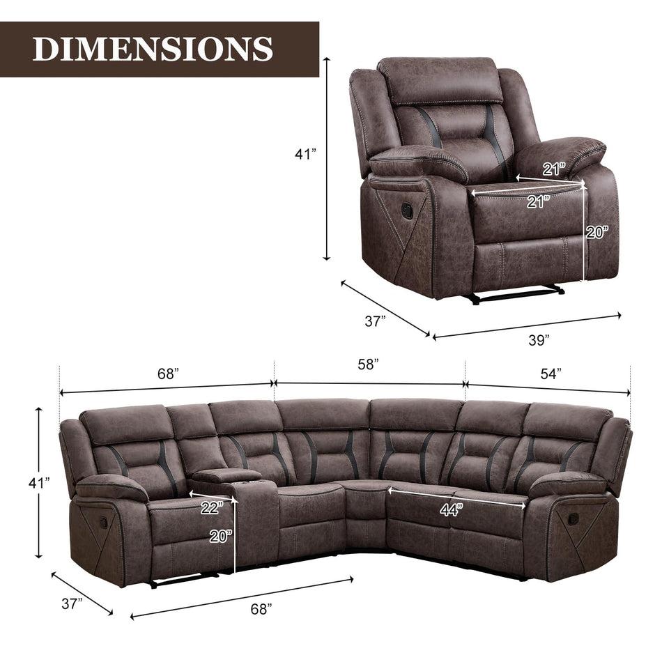 EBELLO Faux Leather Recliner Sofa Furniture Set for Living Room, Recliner Chair, Manual Loveseat, 3 Seat Recliniing Sofa Couch Set for Meeting Room, Brown
