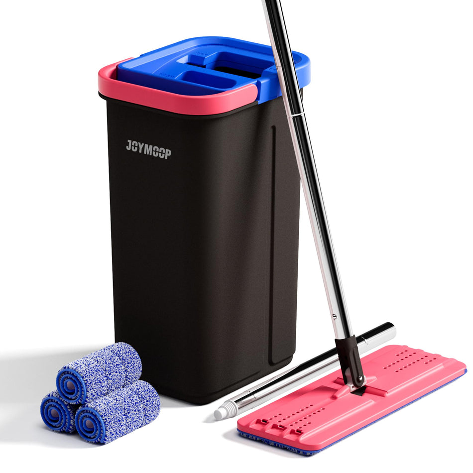 JOYMOOP Flat Mop System, Microfiber Mop and Bucket Set, White, Commercial & Household Use, Hardwood Floor & Wall Cleaning Mop with Long Handle, 4 Microfiber Pads