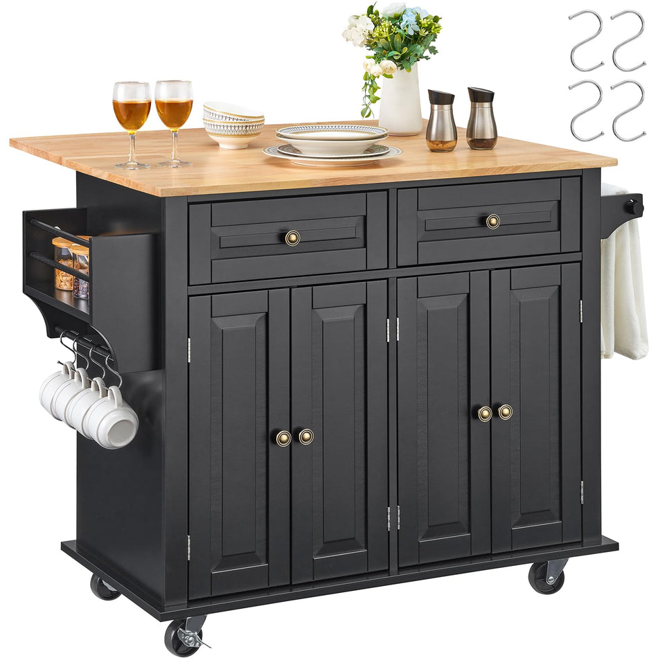 VEVOR Kitchen Island Cart with Solid Wood Top, 35.4" Width Mobile Carts with Storage Cabinet, Rolling Kitchen Table with Spice Rack, Towel Rack, and Drawer, Portable Islands on Wheels, White