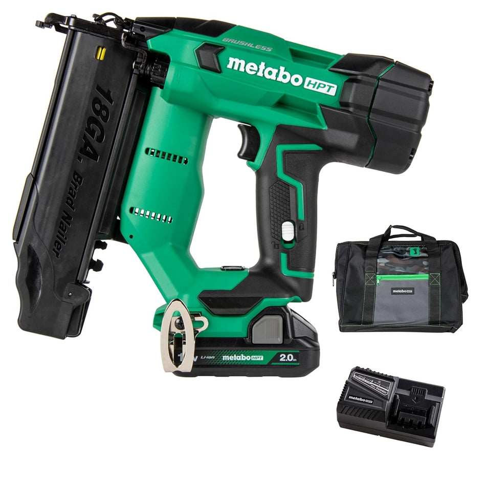 Metabo HPT 18V MultiVolt Brushless Compact Cordless Brad Nailer Kit, 18 Gauge Nailer with Power Tool 2.0Ah Lithium Ion Battery, Drives 5/8" to 2" Brad Nails, NT1850DFT