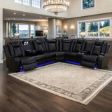Power Recliner Sofa Sectional Sofa with LED Light for Living Room, Air Leather Reclining Corner Sectional Sofa Set, Cup Holder, Storage Console for Home Theater Seating (Black, Sectional+Chair)