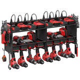 CCCEI Modular Power Tool Organizer Wall Mount with Charging Station. Garage 4 Drill Storage Shelf with Hooks, Screwdriver, Drill Bit Heavy Duty Rack, Tool Battery Holder Built in 8 Outlet Power Strip.