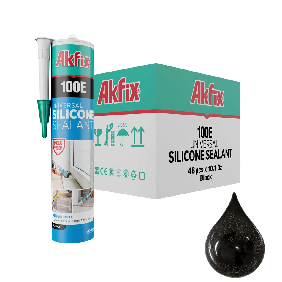 Akfix 100E RTV Clear Silicone Caulk (48x10.1 fl.oz.) - 100% Waterproof Silicone Sealant for Kitchen and Bathroom, Shower, Toilet, Sink, Window and Door, No Yellowing | Clear, 48 Pack