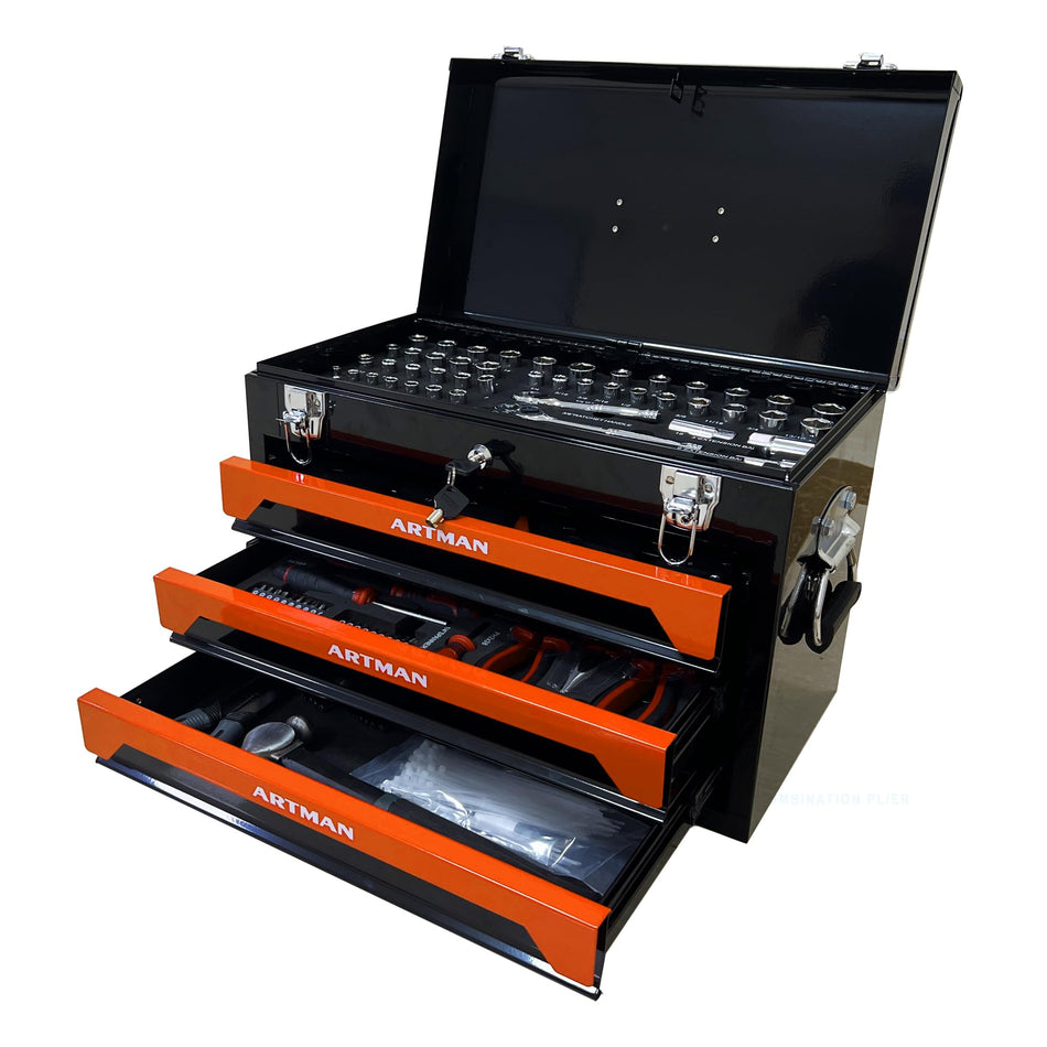439 Piece Mechanics Tool Set, 3 Drawer Heavy Duty Metal Box with Household Tool Kit, Portable Tool Organizer Case for Auto Repair, Garage, Warehouse, Workshop, Repair Shop (Blue & Black)
