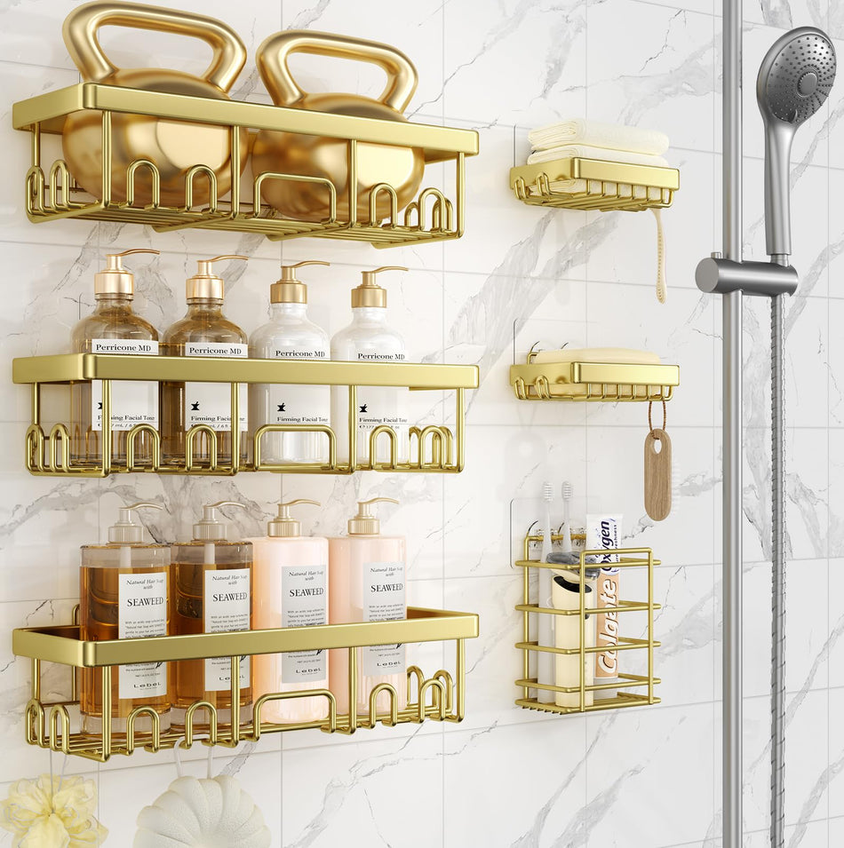 Veken Rustproof & Waterproof Shower Caddy 6-Pack, No Drilling Adhesive Shelves Rack with Soap Holder, Large Capacity Bathroom Organizers and Storage, Wall-Mounted Kitchen & Home Decor