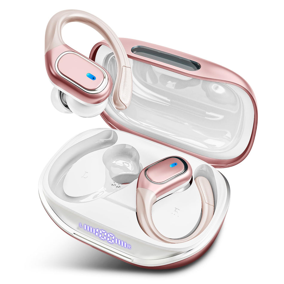 HAOYUYAN Wireless Earbuds, Sports Bluetooth Headphones, 80Hrs Playtime Ear Buds with LED Power Display, Noise Canceling Headset, IPX7 Waterproof Earphones for Workout/Running（Rose Gold）