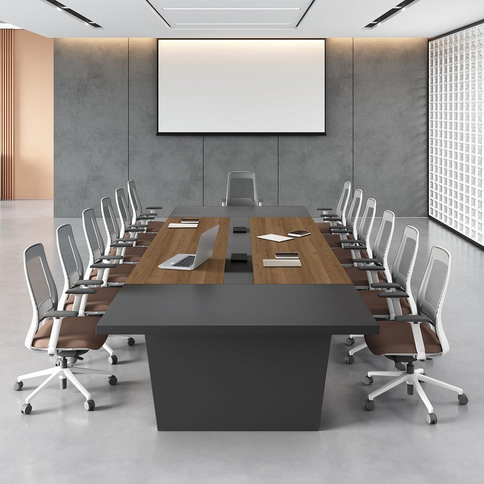 10FT Conference Table for 10 People, Executive Office Table, Modern Boardroom Meeting Table with Built-in Power Outlets & USB Ports, 2" Thick Tabletop (Oak & Gray, 118" W * 51" D * 30" H)