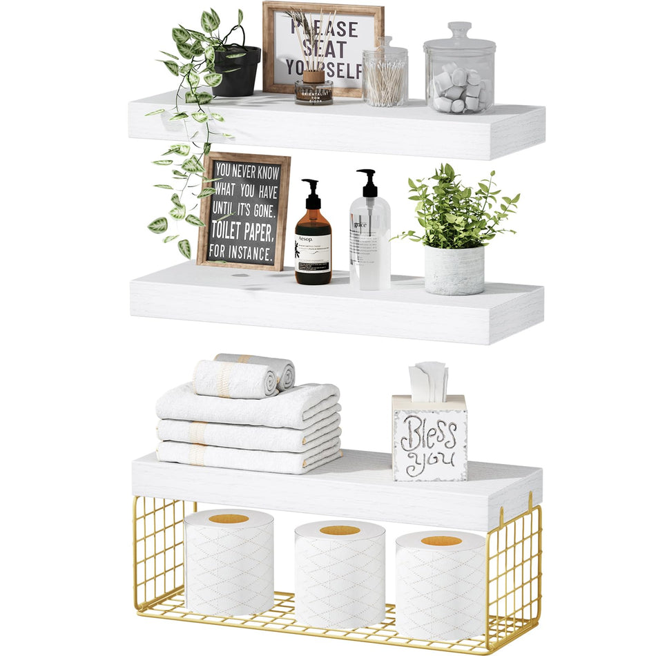 QEEIG Bathroom Shelves Over Toilet - Wall Mounted Floating Shelves Toilet Paper Storage Small Farmhouse Decor Shelf 16 inch Set of 3, Rustic Brown (019-BN3)