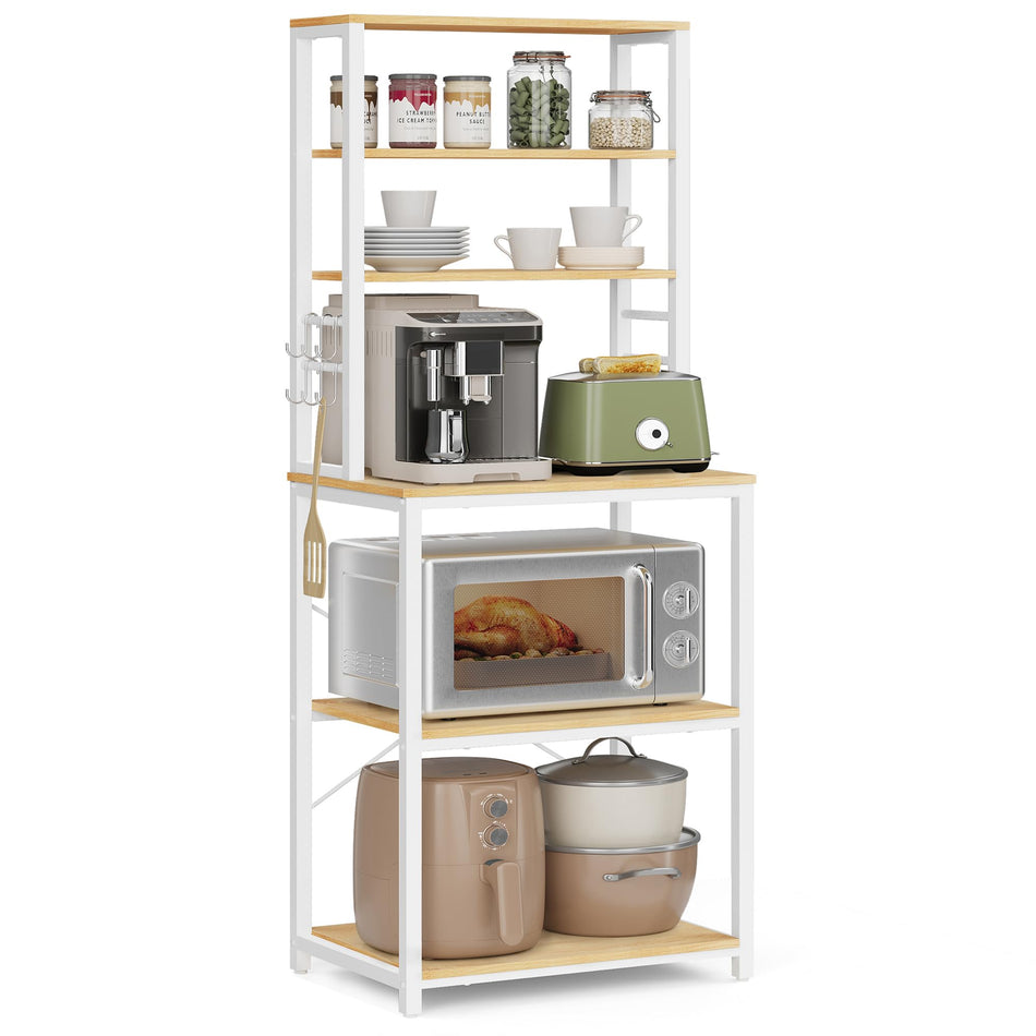 VASAGLE Coffee Bar, 31.5 Inches Baker's Rack for Kitchen with Storage, 6-Tier Kitchen Shelves with 6 Hooks, Microwave Stand, Industrial, Rustic Brown and Black UKKS019B01
