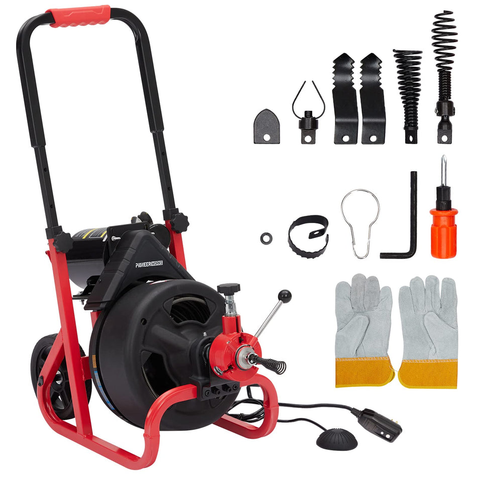 PIONEERWORKS Electric Drain Snake 100ft x 3/8in, 6.8A Auto Feed Drain Cleaner Machine with GFCI, 6 Cutters and 8-Inch Wheels, Drain Auger for 1-4 Inch Pipes