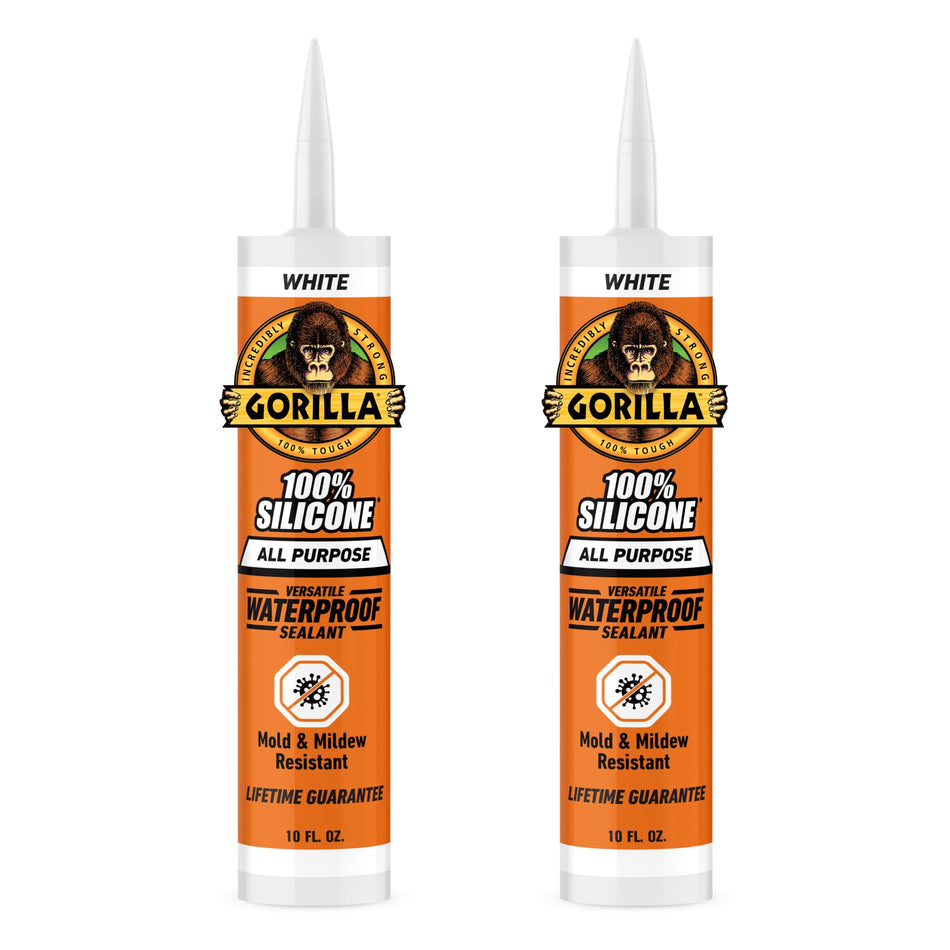 Gorilla Waterproof Caulk & Seal Silicone Sealant, 10oz Cartridge (Pack of 1) - White Caulking Sealant for Kitchen, Window, Bath, Marine, Door and More
