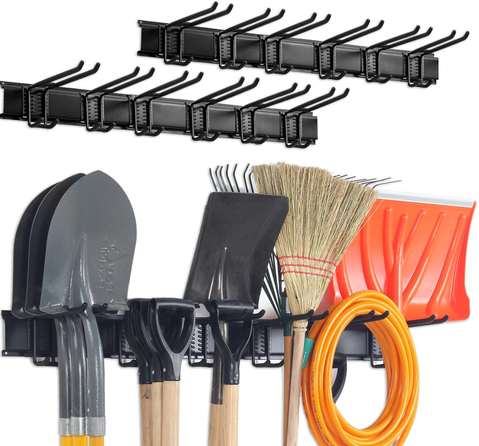 Wall Mount Tool Storage Rack, Heavy Duty Garage Storage Tool Organizer, Garden Tool Wall Hooks and Hangers, Hold Up to 350lbs Black