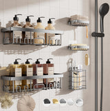 Veken Rustproof & Waterproof Shower Caddy 6-Pack, No Drilling Adhesive Shelves Rack with Soap Holder, Large Capacity Bathroom Organizers and Storage, Wall-Mounted Kitchen & Home Decor