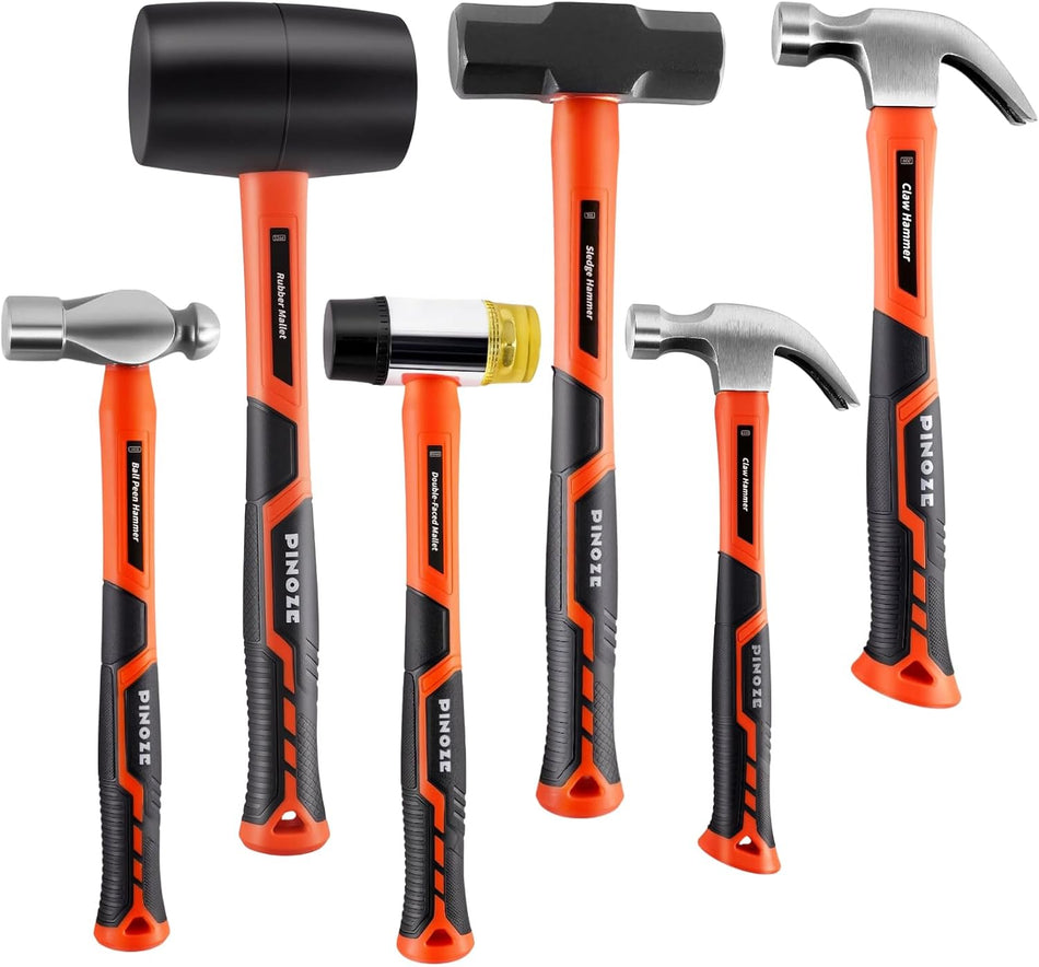 PINOZE 6-Piece Hammer Mallet Set with Fiberglass Handle Forge Steel Head, 16oz Ball Pein Hammers | 32oz Rubber Mallet | 3lb Sledge | 16oz & 8oz Claw Hammer | 22oz Double-Faced Mallet