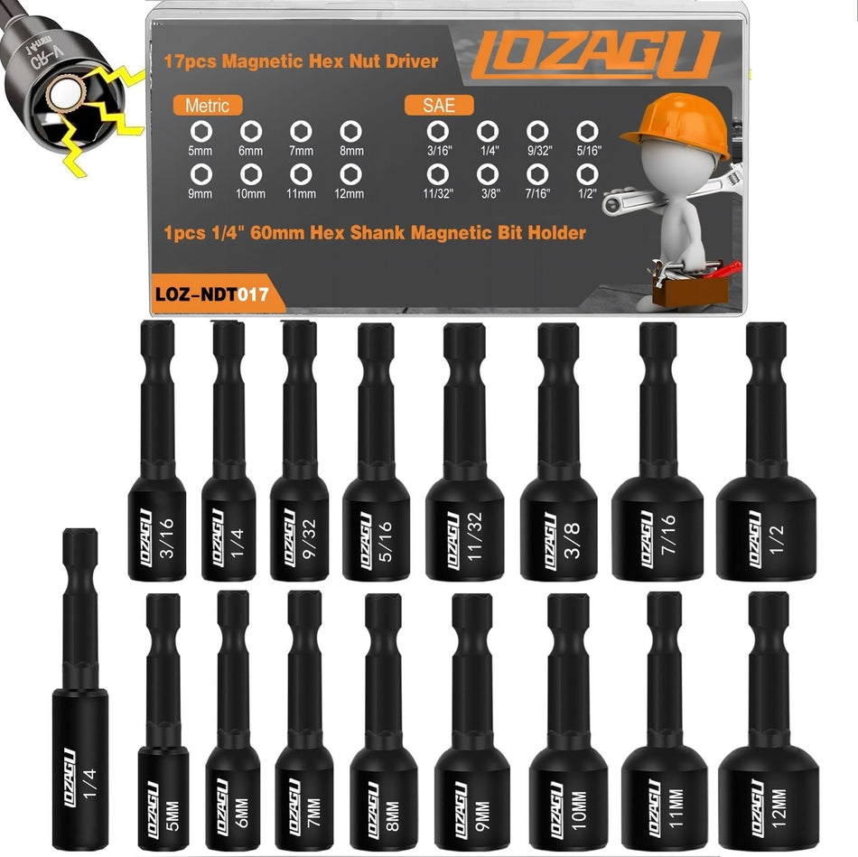 16Pcs Long Magnetic Nut Driver Set for Impact Drill | 6 Inch Long Nut Driver Set | SAE and Metric | 1/4 Inch Hex Shank | Cr-V Steel (16PCS Magnetic Nut Driver (Long))