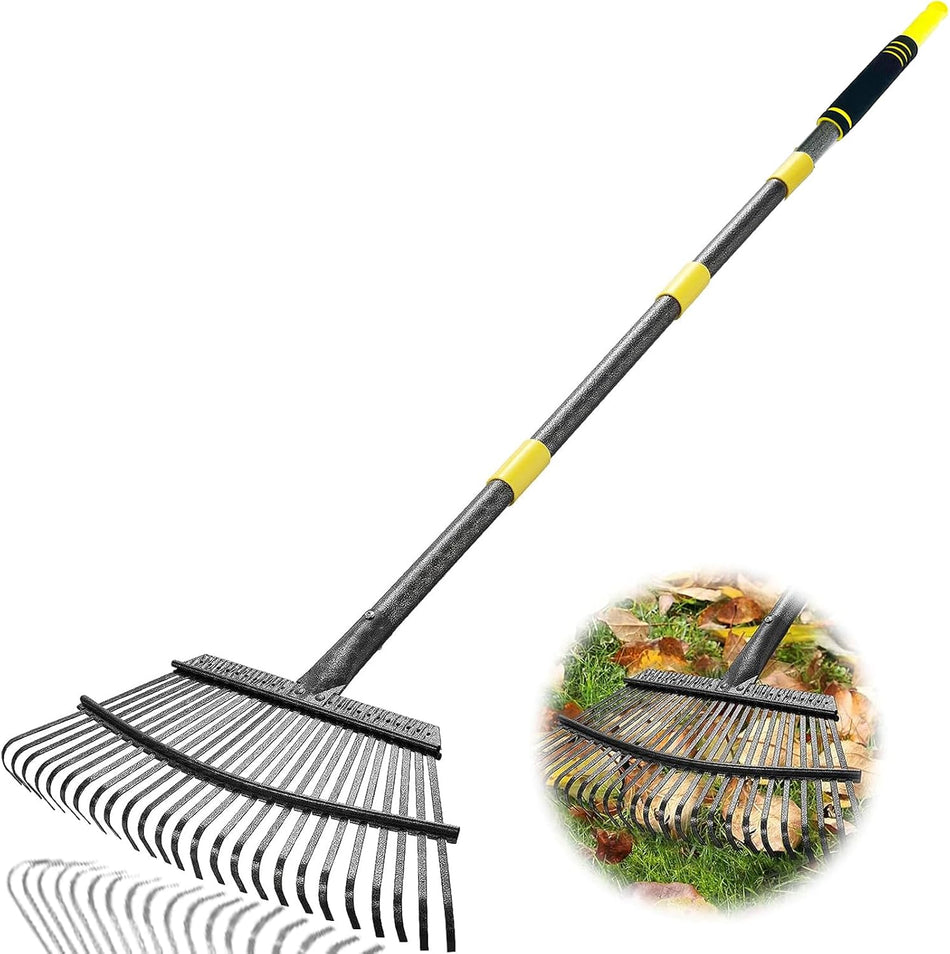 Garden Leaf Rakes, 6FT Rakes for Lawns Heavy Duty 25 Metal Tines 18.5 inch Wide, Adjustable Steel Handle, Rakes for Leaves, Gathering Shrub, Grass, Flower Beds