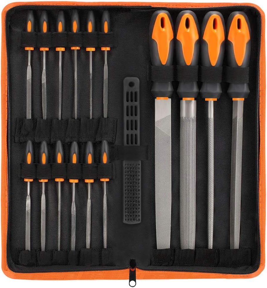 17Pcs File Tool Set with Carry Case,Premium Grade T12 Drop Forged Alloy Steel, Precision Flat/Triangle/Half-round/Round Large File and 12pcs Needle Files/1 brush