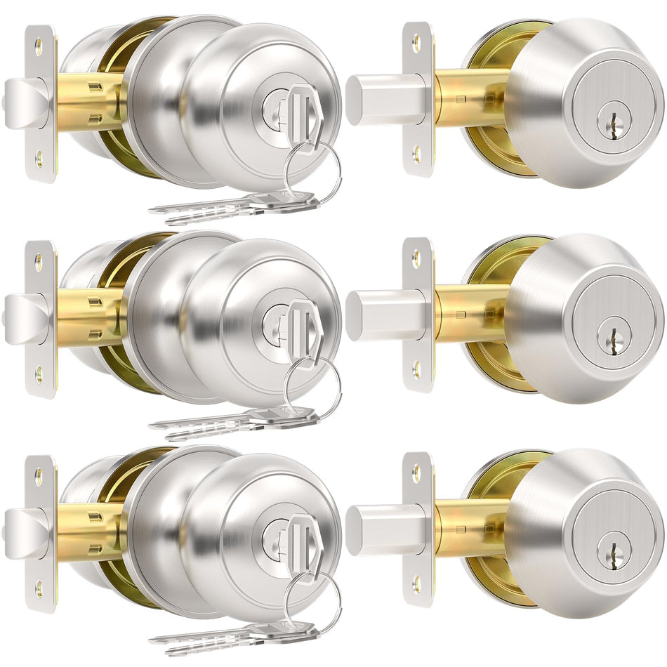 5 Pack Front Door Lock Set, Keyed Alike Exterior Door Lock Set with Deadbolt, Single Cylinder Deadbolt Lock and Entry Door Knob Set,Round Ball Brushed Nickel Door Knobs with Lock and Keys