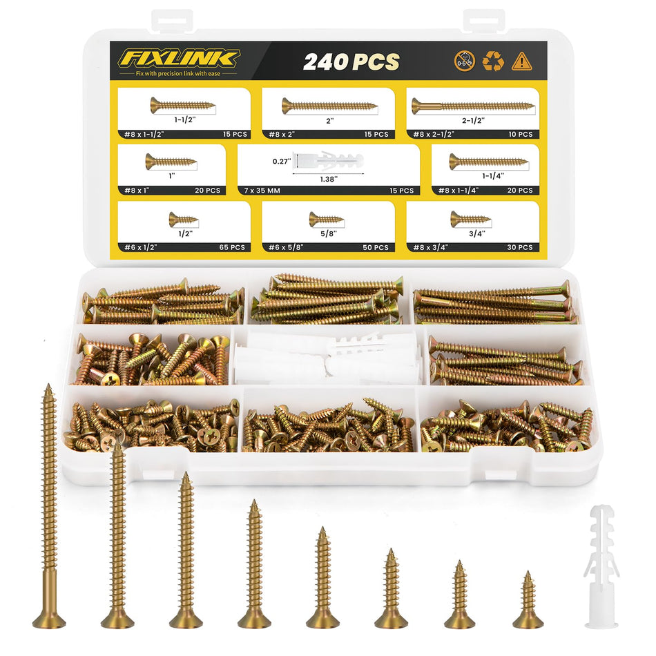 240PCS Wood Screws Assortment Kit, FIXLINK E-Coated Flat Head Screws Set